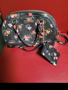 Steve Madden Black Floral Dome Satchel with Card Pouch Charm